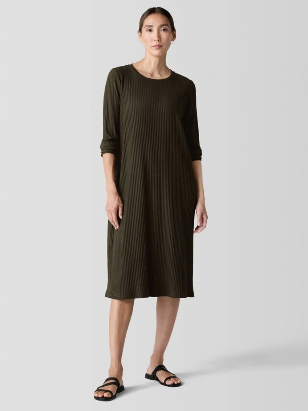 NWT Eileen Fisher Textured Stretch Rib Crew Neck Dress in Wren Chocolate Brown
